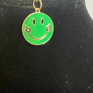 Green Enamel Smiley Face Charm with Gold Trim